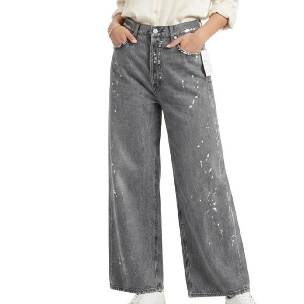 Etica Wide Leg Jeans Womens 31 Grey Paint‎ Splatter Sequin High Rise Sustainable